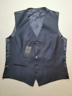 TED BAKER Mens UK 40R Wool Blend Puppytooth Slim Fit Waistcoat BNWT Lined Blue