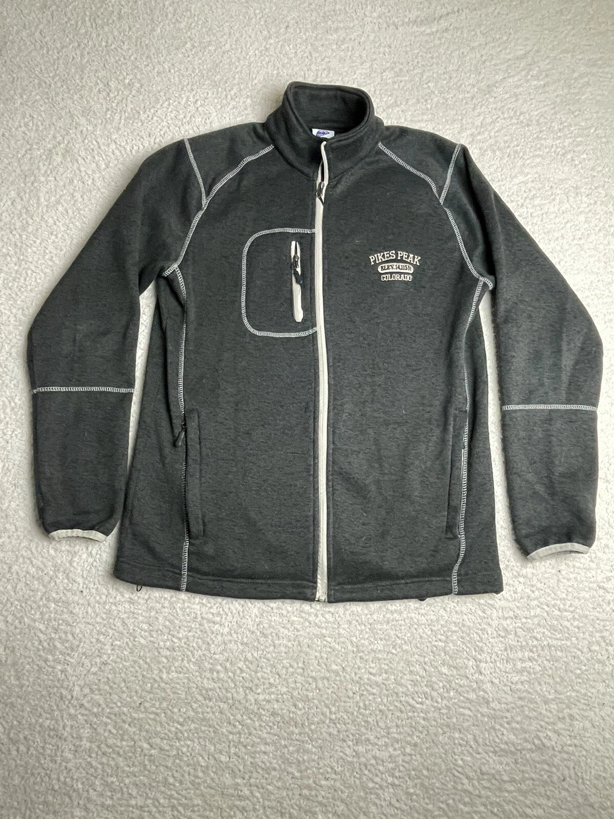 Pikes Peak Colorado Full Zip Fleece Jacket Elevation 14,115 Ft Dark Grey Size XL