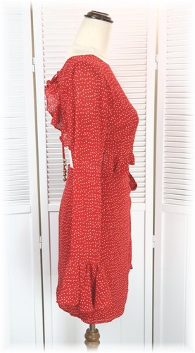 Women's Red Polka Dot Ruffles Open Back Faux Wrap Summer Dress Size Small - Picture 3 of 7