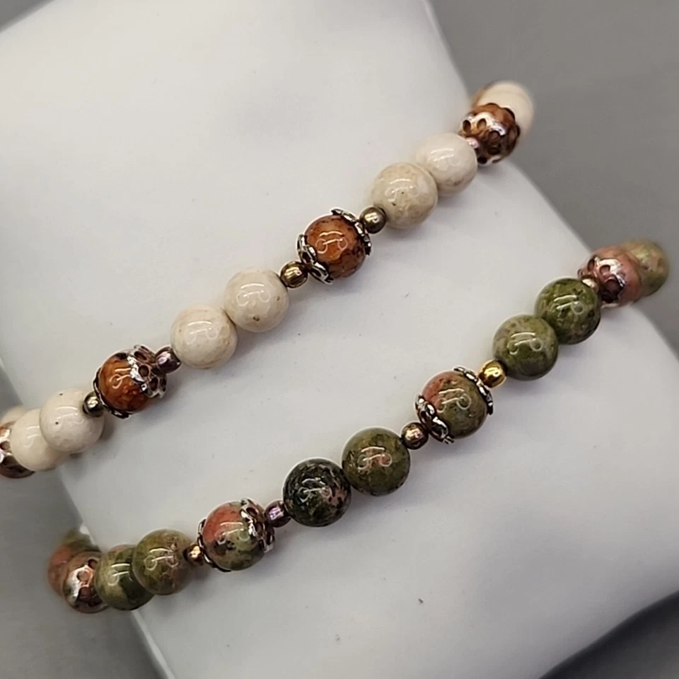 Lote de 2 pulseras con cuentas de piedra Unakita verde crema 7,5" Foto 4 de 4