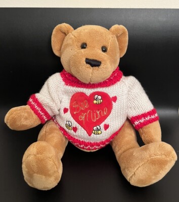 Teddy Bear Plush Stuffed Animal Toy Brown Knit Sweater Red Heart Bee Mine Valent