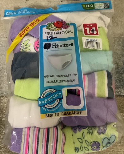 ⚡️Fruit of the Loom Girls Panty Hipster Underwear  Assorted- Size 14 👉12 Pack👈