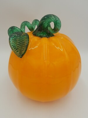 Art Glass Hand Blown Pumpkin Bright Orange Green Glass Coiled Stem Fall Signed