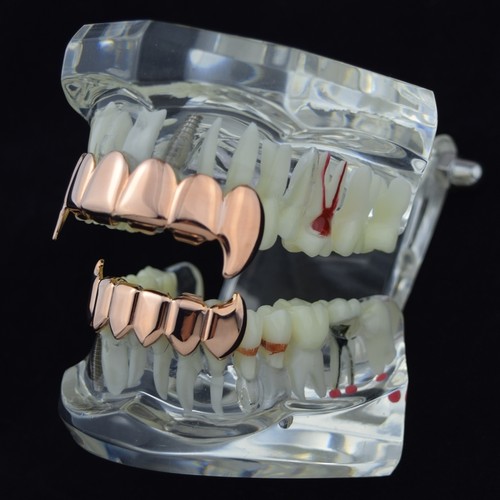 14k Rose Gold Plated Full Fang Grillz Set Top Bottom Fangs Vampire Teeth Grills - Picture 3 of 6