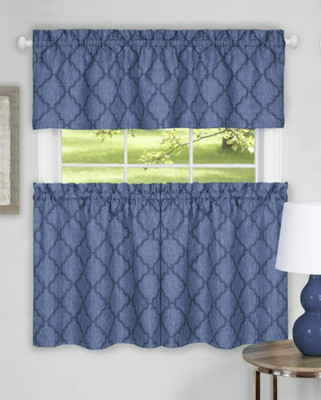 Colby 3-Piece Tier Pair & Valance Set Blue 2 Sets Country Kitchen Dinning Retro