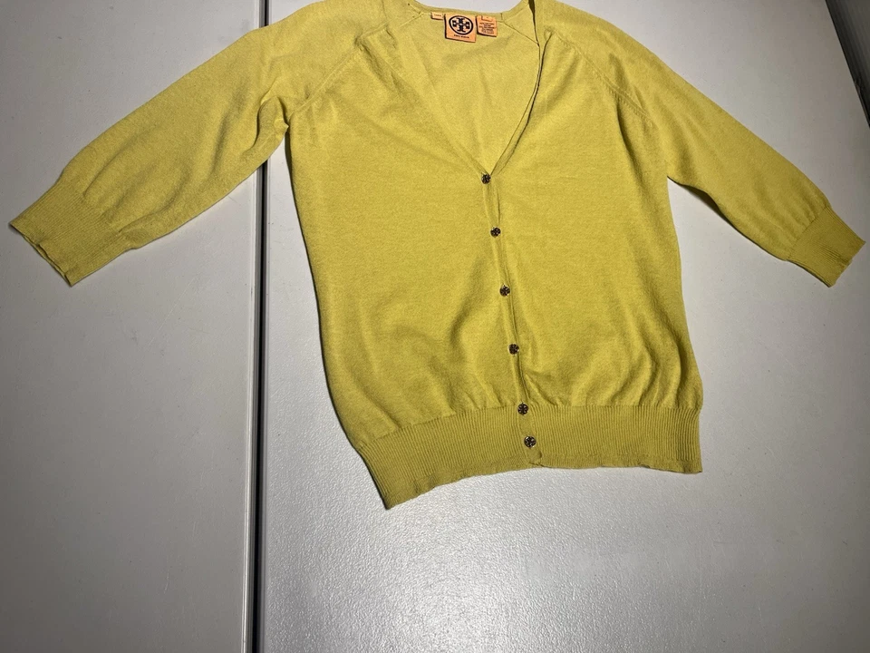 Suéter Tory Burch Para Mujer Pequeño Amarillo Verde Botón Frontal Cárdigan Algodón Nylon Foto 3 de 4