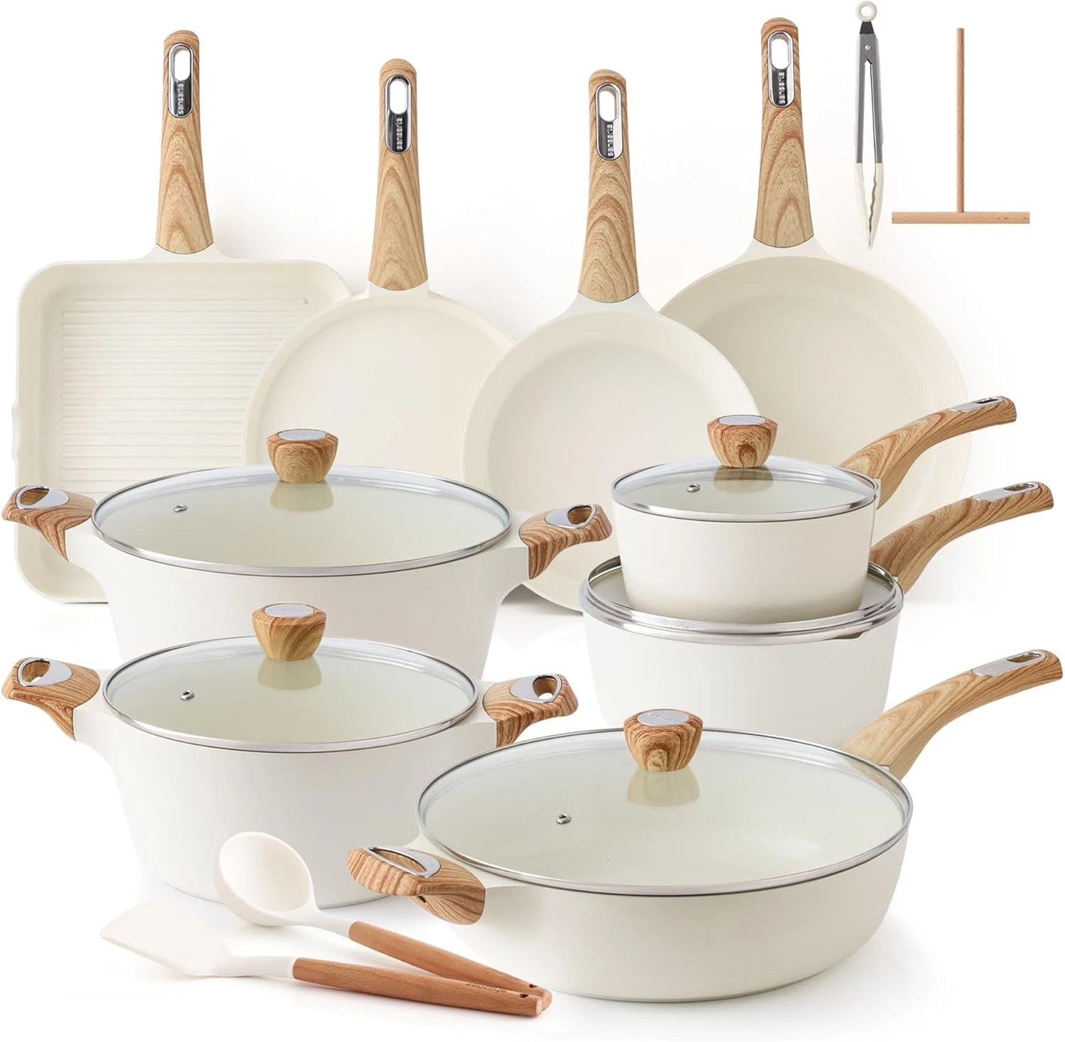 Sensarte Non-Stick Cookware Set Pots & Pans Ceramic White with Lids (Pack of 26)