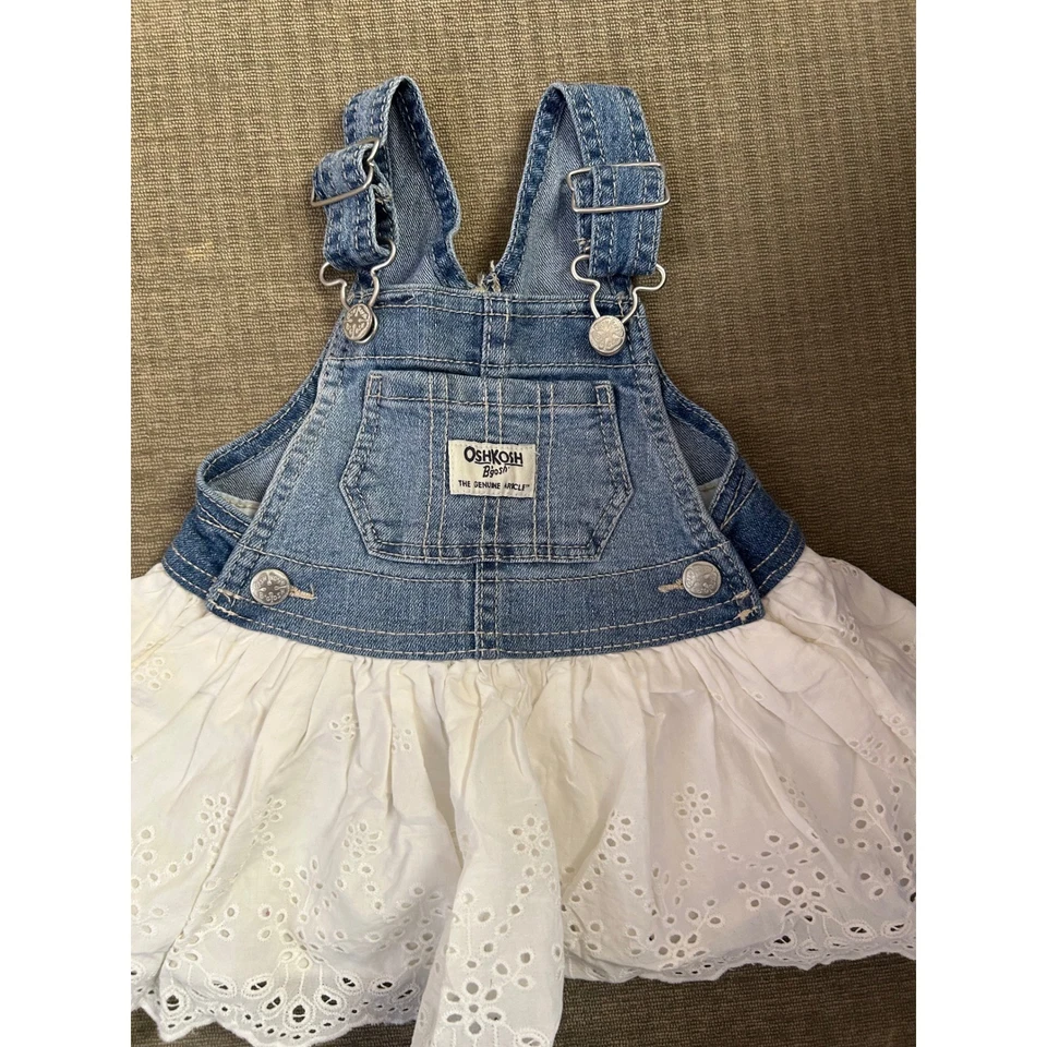 OshKosh B'gosh Bebé Niña Conjunto de Vestido y Pantalones Cortos 6m 12m Denim Encaje Clásico Foto 3 de 4