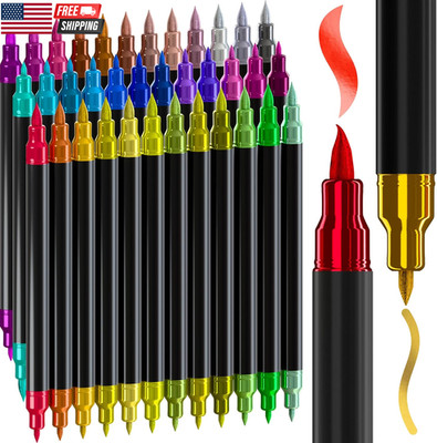 36 Metallic Acrylic Paint Markers - Paint Pens for Drawing, Brush + Fine Tips -