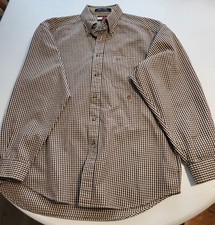 TOMMY HILFIGER DRESS SHIRT. MEDIUM BEIGH with DARK BROWN STRIPS