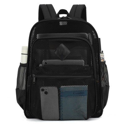 Large Black Mesh Backpack Heavy Duty See Through College School Work Bag