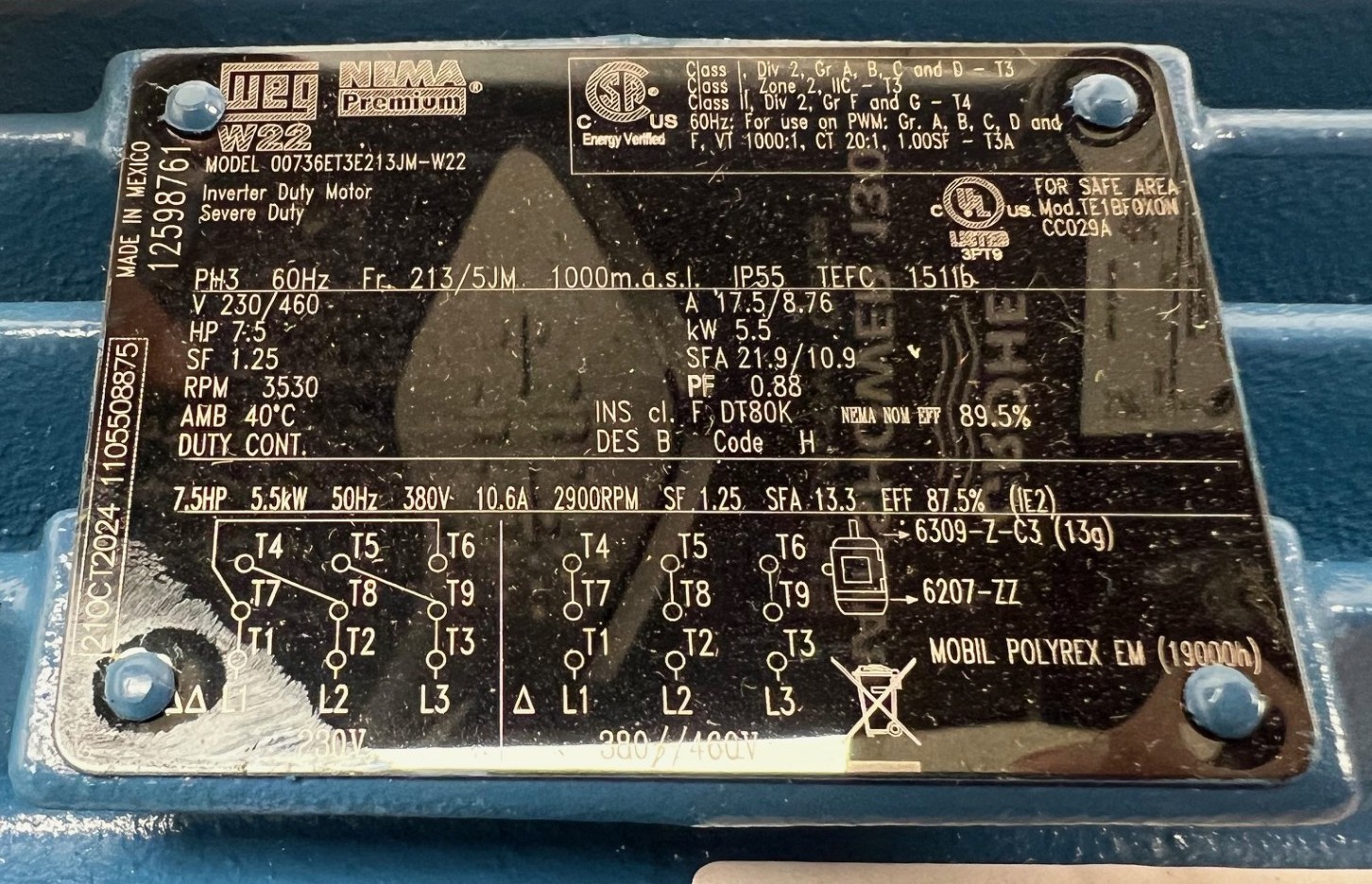 WEG 00736ET3E213JM-W22 CLOSE COUPLED PUMP MOTOR, 7.5 HP, 3-PHASE, 6FKD2, NEW!!