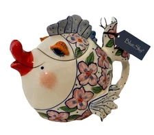 Blue Sky Clayworks Kissy Fish Pink Flower Ceramic Teapot Decoration NEW