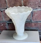 Vtg White Embossed Milk Glass Grape Vine Scalloped Edge Flared Pedestal Vase MCM