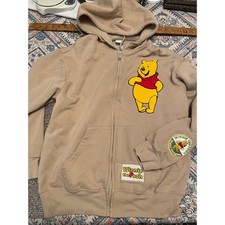 Disney Winnie the Pooh Hoodie Sand Beige Full Zip Embroidered Patch Mens L
