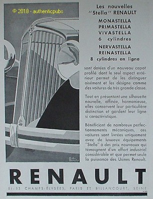 ADVERTISEMENT RENAULT AUTOMOBILE LES STELLA MONA PRIMA VIVA NERVA REINA 1931 AD