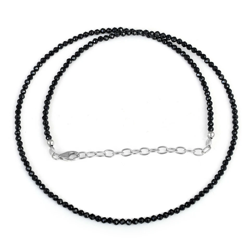 925 Argento Naturale Piccoli Nero Spinello 3mm Perline 18 " Catena Mano Donna - Immagine 3 di 4