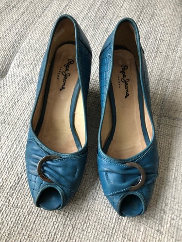 PEPE JEANS LONDON Chaussures Femme Cuir Talon Bleu Bout Ouvert Taille EU38 - Photo 1/15