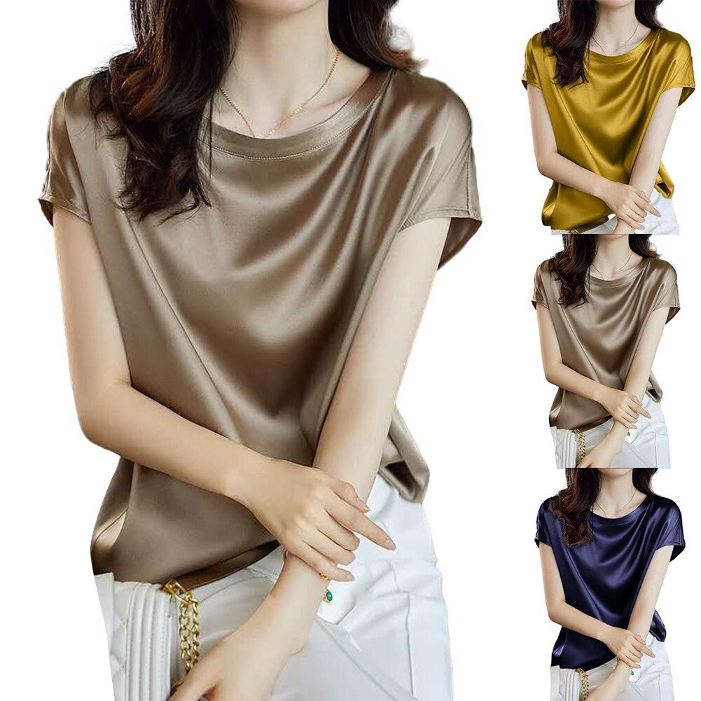 Comfortable and Shiny Satin Blouse Shirt for Office Lady Short Sleeve Top