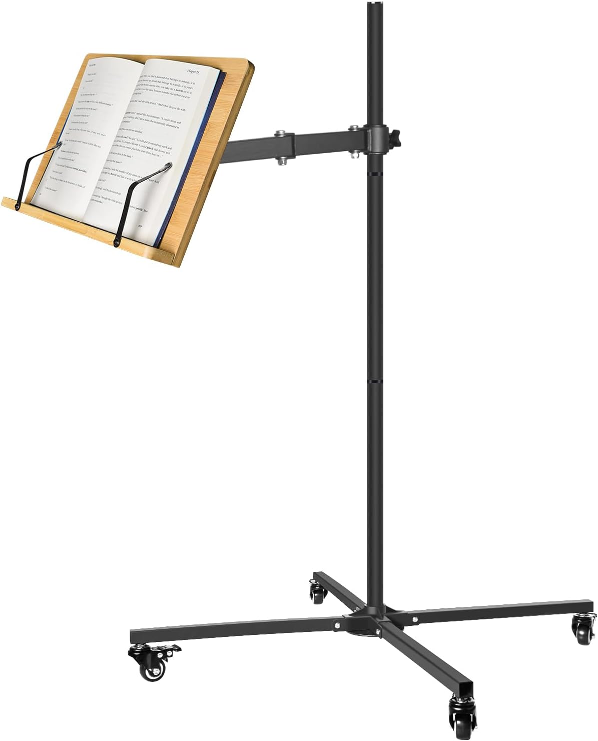 Rolling Bamboo Book Stand with Adjustable Height for Hands Free Reading, Rolling