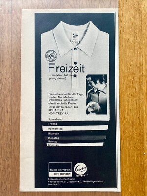 Ceceba Schapira 100% Trevira Freizeithemden Original 1968 Vintage Advert Werbung