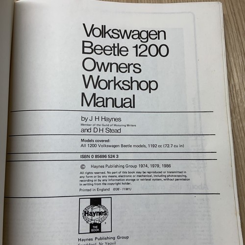 HAYNES Repair Manual 036 VW 1200 BEETLE 1954-1966 all models 1192cc - Picture 2 of 12