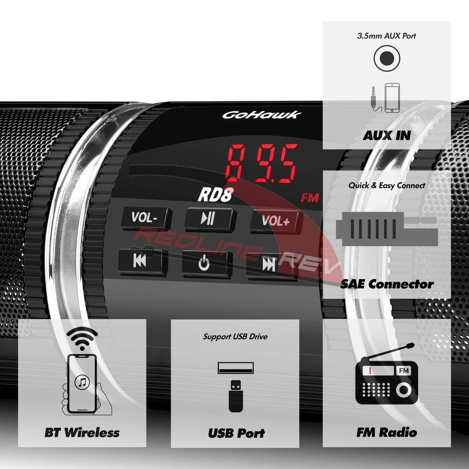 GoHawk Motorcycle Speakers Bluetooth - Built-in Amplifier