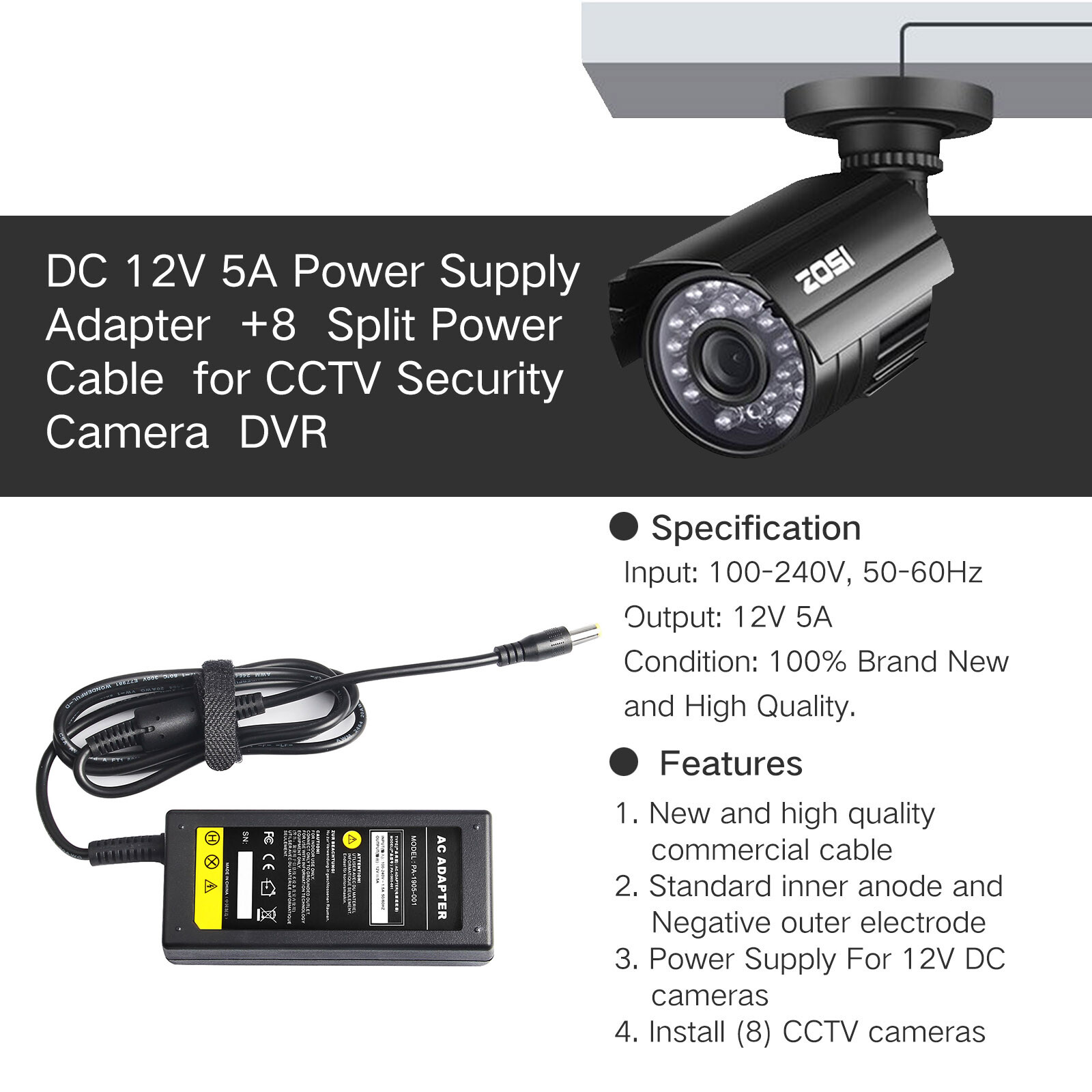 60W Power Supply Adapter +8 Split Power Cable for CCTV Security Camera DVR