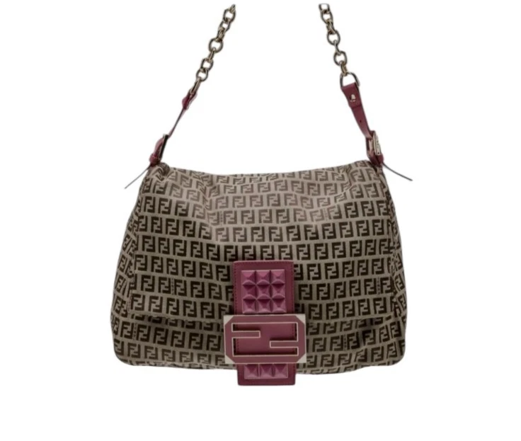 RARO FENDI Mamma Baguette Bolso de Hombro de Lona Zucca - Correa de Cuero Rosa Limitada Foto 3 de 4