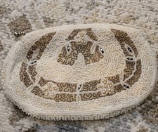 Vtg Made In France Small Beaded Purse Ivory Beige Delicate Seed Beeds Boho 60s