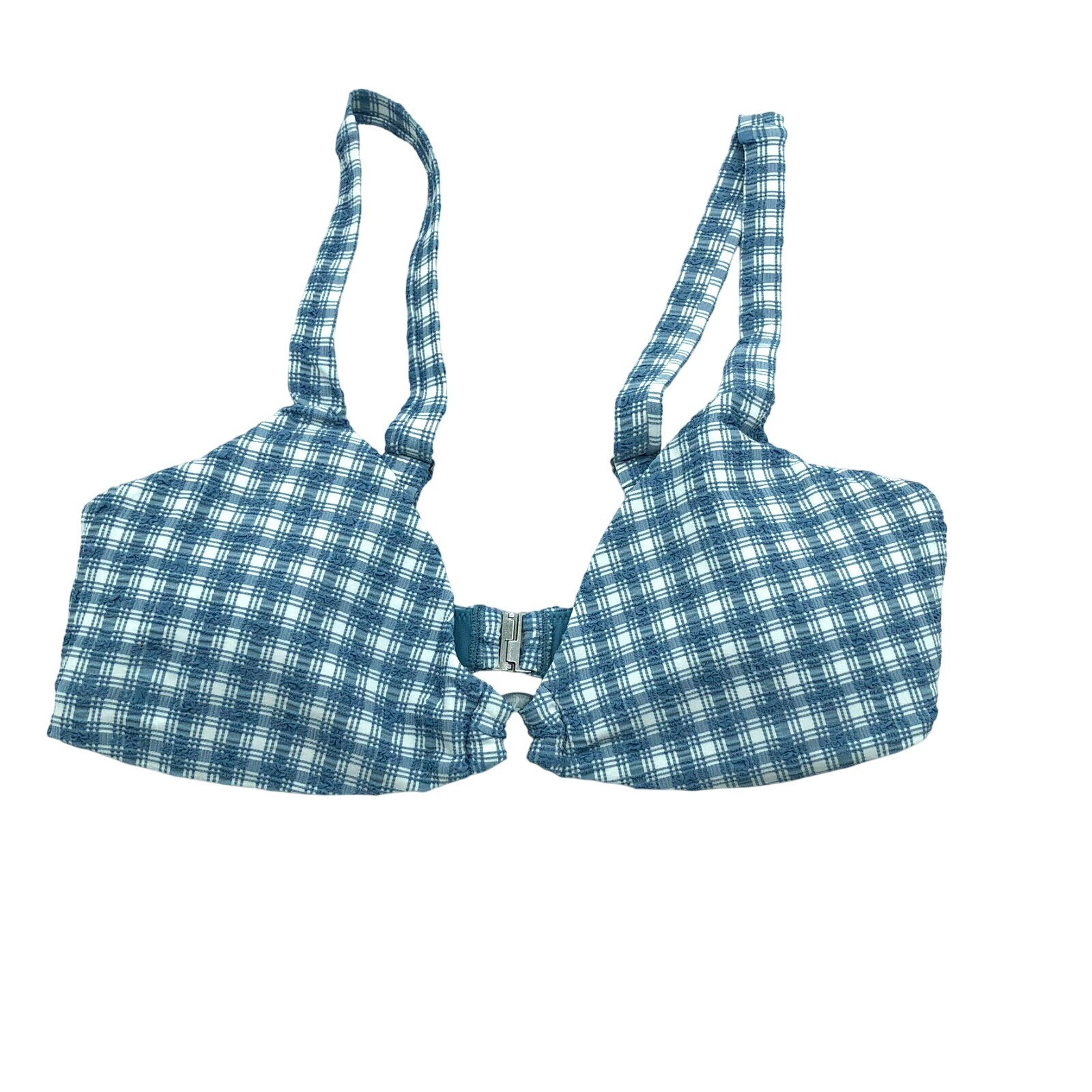 Jonathan Simkhai Astrid Seersucker Bikini Top Plaid Removable Cups Blue L