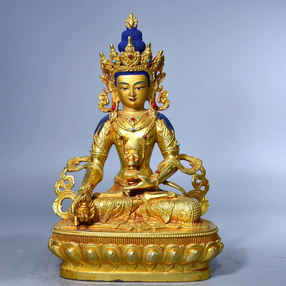 Estatua de Buda de Buda de Longevidad Amitabha Dorado Bronce Budismo Antiguo 12" Foto 2 de 4