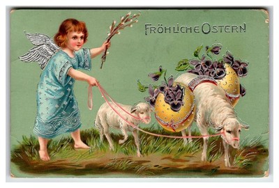 Fröhliche Ostern Angel Cherub Sheep Golden Eggs EAS Embossed Postcard 1911