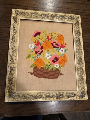 Rare Framed Crewel Embroidery Floral Vase Finished Piece vibrant Flowers 24x18