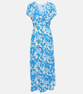 Rixo Dress Floral Size L UK 14 Eu 42 Blue Scandi V Neck Midi Maxi Short Sleeve