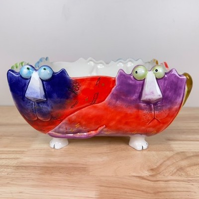 VTG 90's Joy Cats Studio Design Works Rainbow Feline Face Centerpiece Bowl Cute