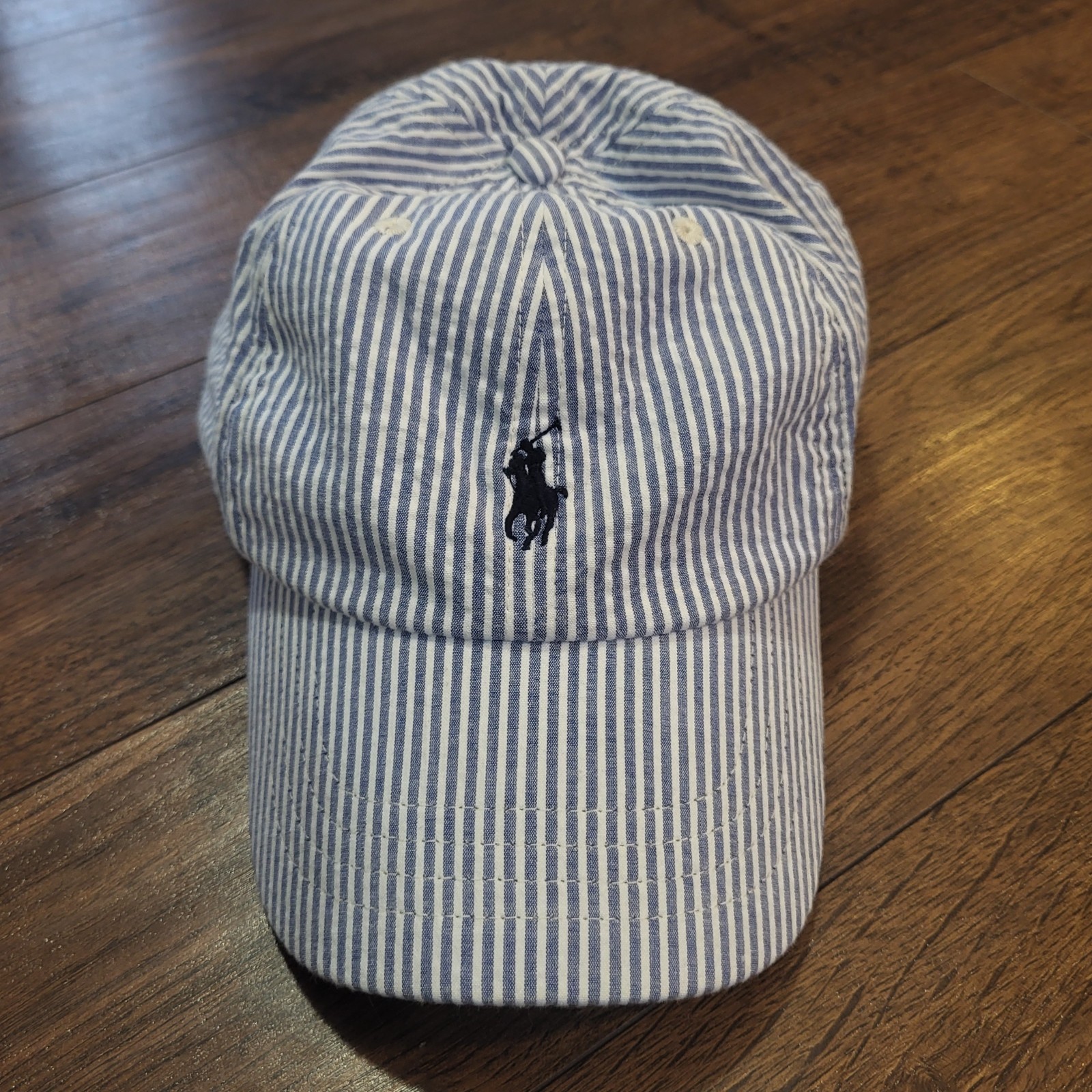 Polo Ralph Lauren Seersucker Strapback Hat Dad Cap Hickory Blue Stripe Logo EUC