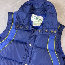 VTG Skitique 80 Down Puffer Vest Mens L Blue Yellow Zip Snap Front 70/80's Ski