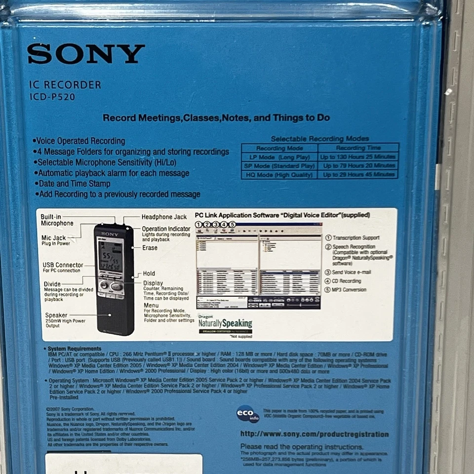 Sony ICD-P520 256 MB 130 Hrs Voice Recorder Digital And PC Link New Sealed - Image 4 of 4