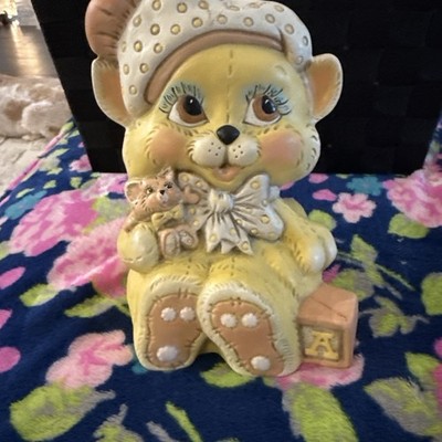Vintage 1983 Donna's Molds Stitched Teddy Bear Figurine Yellow And Beige-