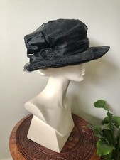 Antique 1910-1920  s Black Netted Brimmed Hat With Beaded Detail  Satin Bow
