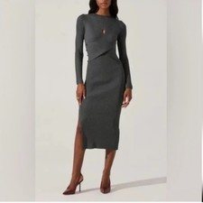 Astr the Label Long Sleeve Sweater Dress Grey Ribbed Midi Bodycon XL  Cutouts