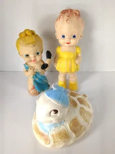 3 Rubber Squeak Toys Sun Rubber Ruthie Mobley Turtle Telephone Towel Girl VTG