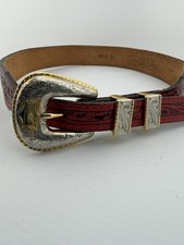 Circle Y of Yoakum Red Tooled Leather Belt Texas Silver Gold Tone Buckle Size 26