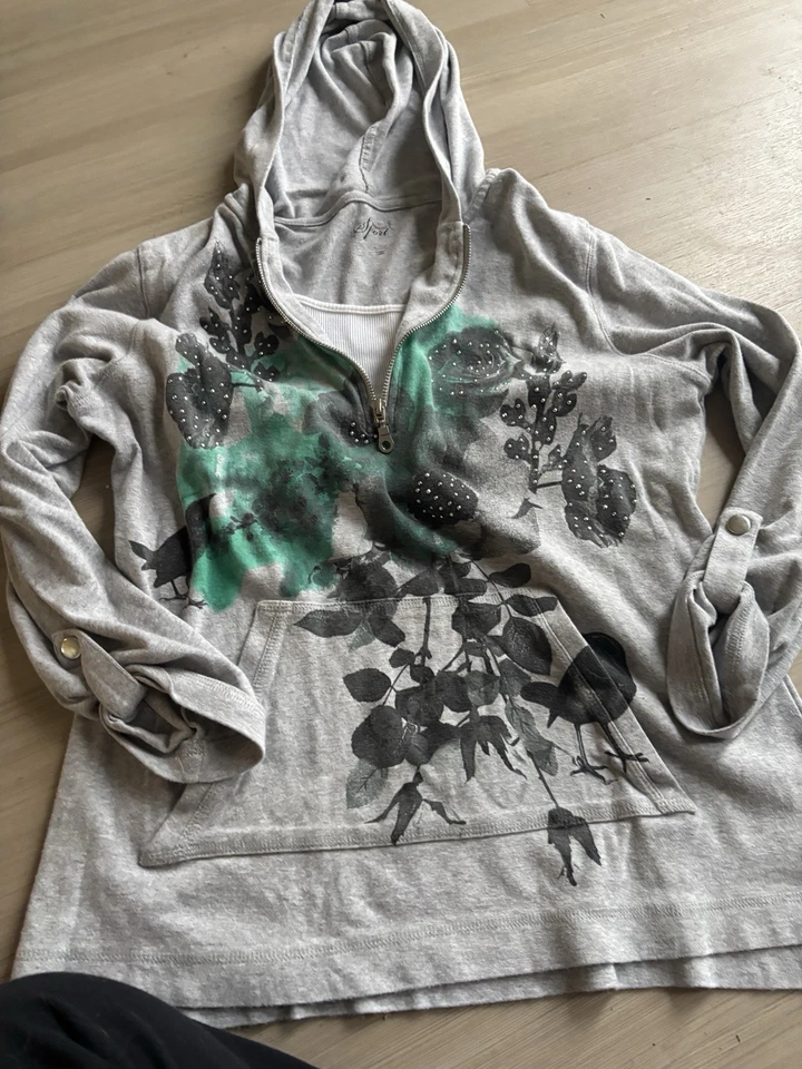 Sudadera con capucha gris verde azulado Y2K rosa brillante para mujer talla grande Foto 3 de 3
