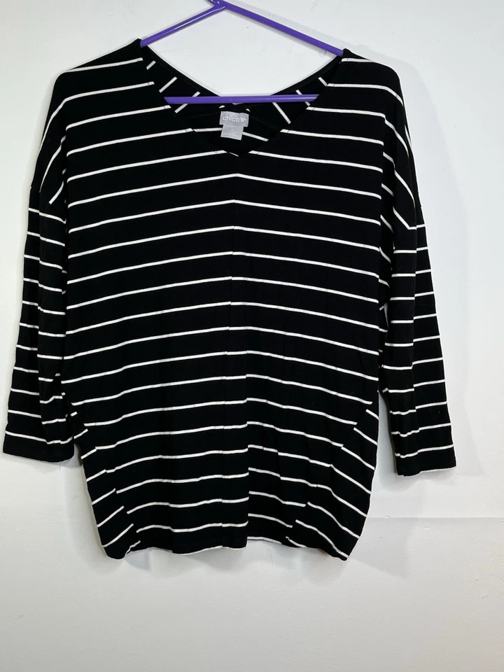 Chicos Rayas Cuello en V Talla 0 Pequeño Manga 4 3/4 Negro Blanco Rayas Foto 2 de 4