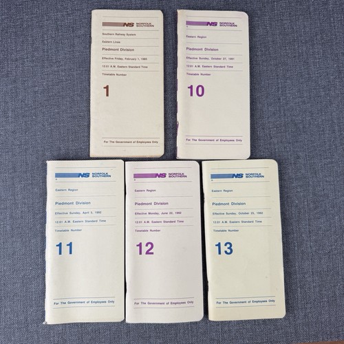 Norfolk Southern NS Piedmont Division Timetables 1985-92, lot of 5