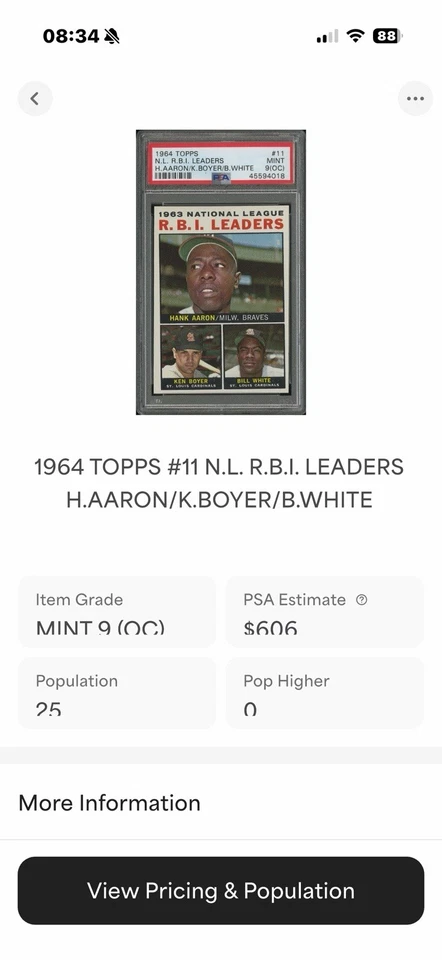 1964 Topps #11 Hank Aaron Boyer Branco 1963 NL RBI Leaders Psa 9(OC) LOW POP 25/5 - Imagem 3 de 4