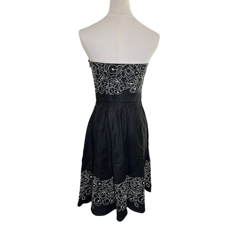 Loft Size 2 Black Linen Strapless Dress Embroidered Cocktail Party - Picture 3 of 12
