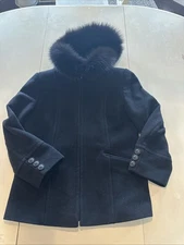 451. Preston & York Women's Black Wool Coat Fox Fur Trim Hood Size 12 Winter